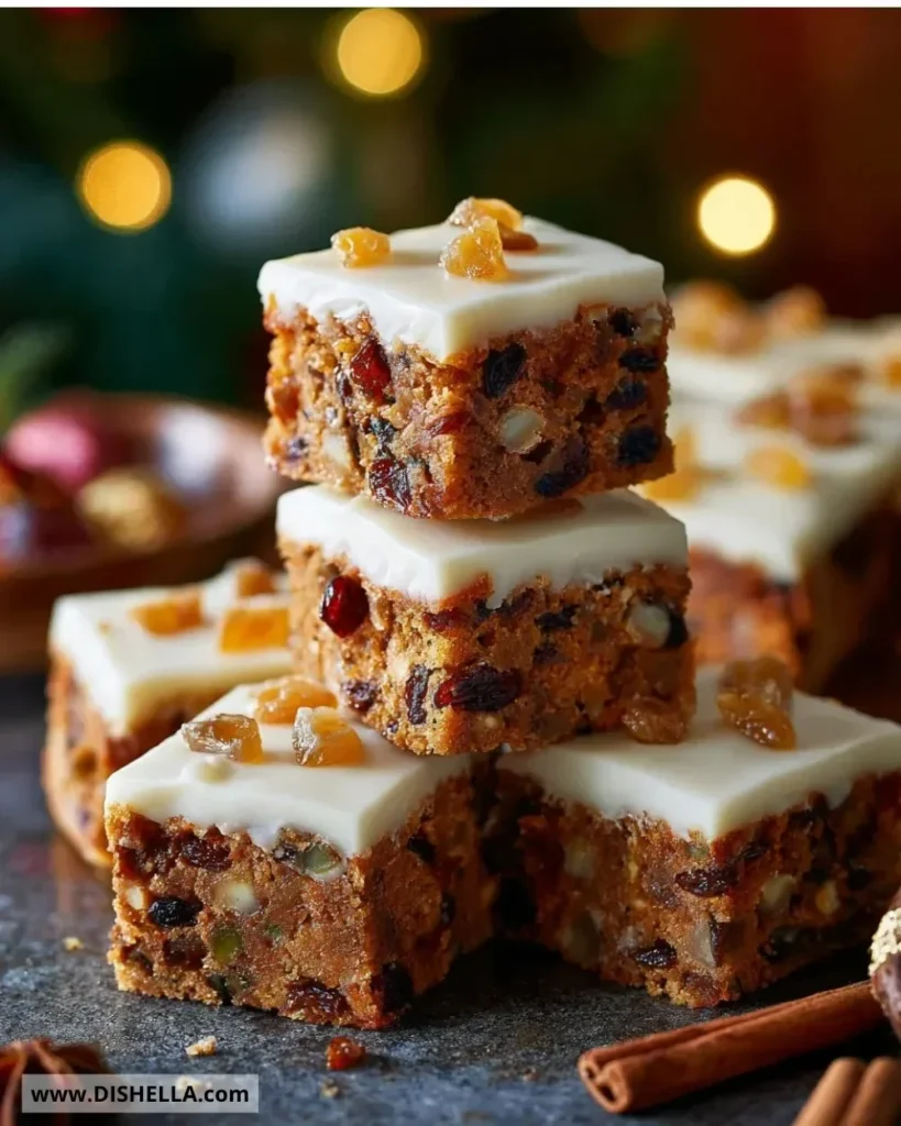 Easy Christmas cake traybake recipe with festive decorations.