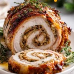 Easy Christmas stuffed pork roast ready to serve on a festive table