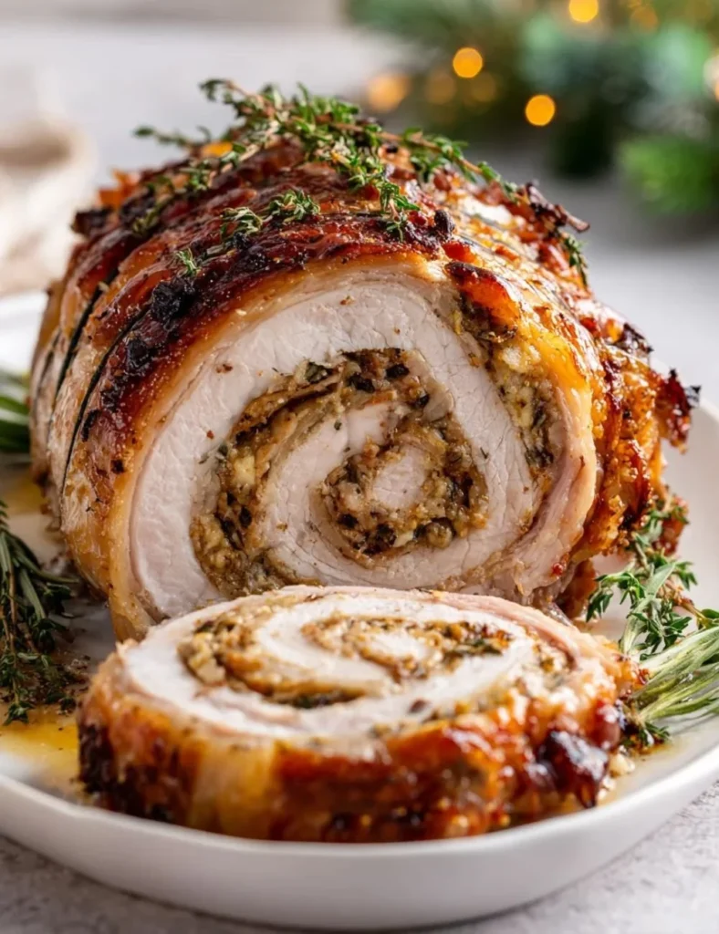 Easy Christmas stuffed pork roast ready to serve on a festive table