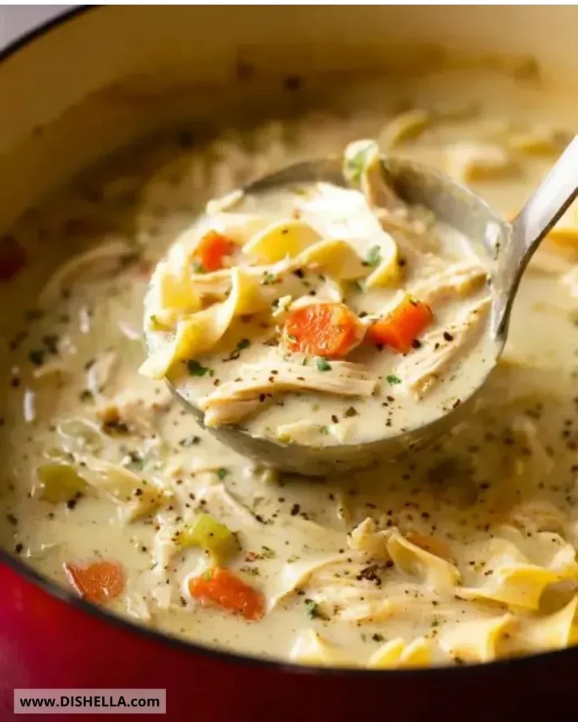 Bowl of easy creamy chicken noodle soup with fresh vegetables and herbs