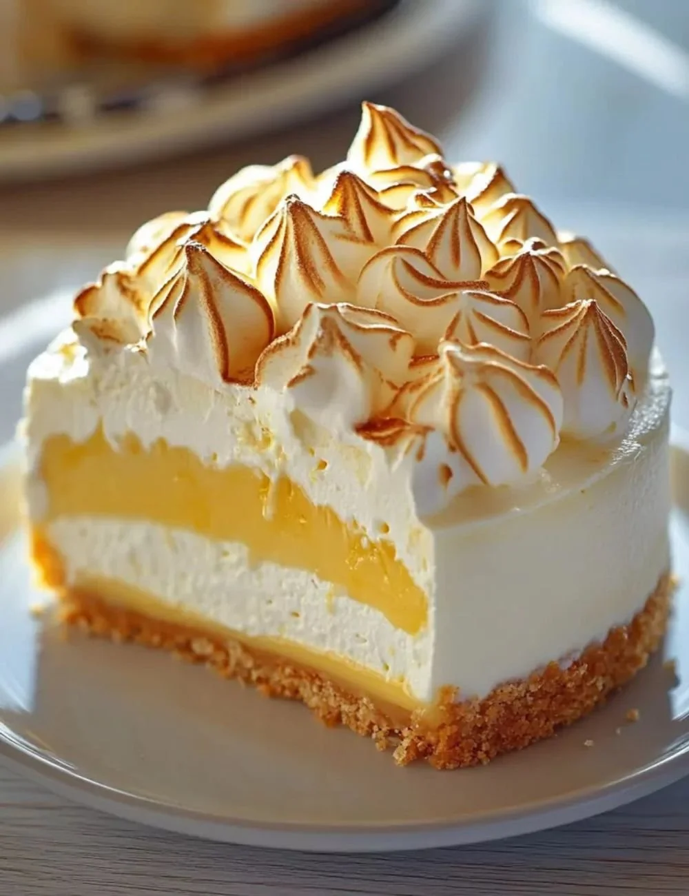 Delicious slice of easy lemon meringue pie cheesecake topped with golden meringue