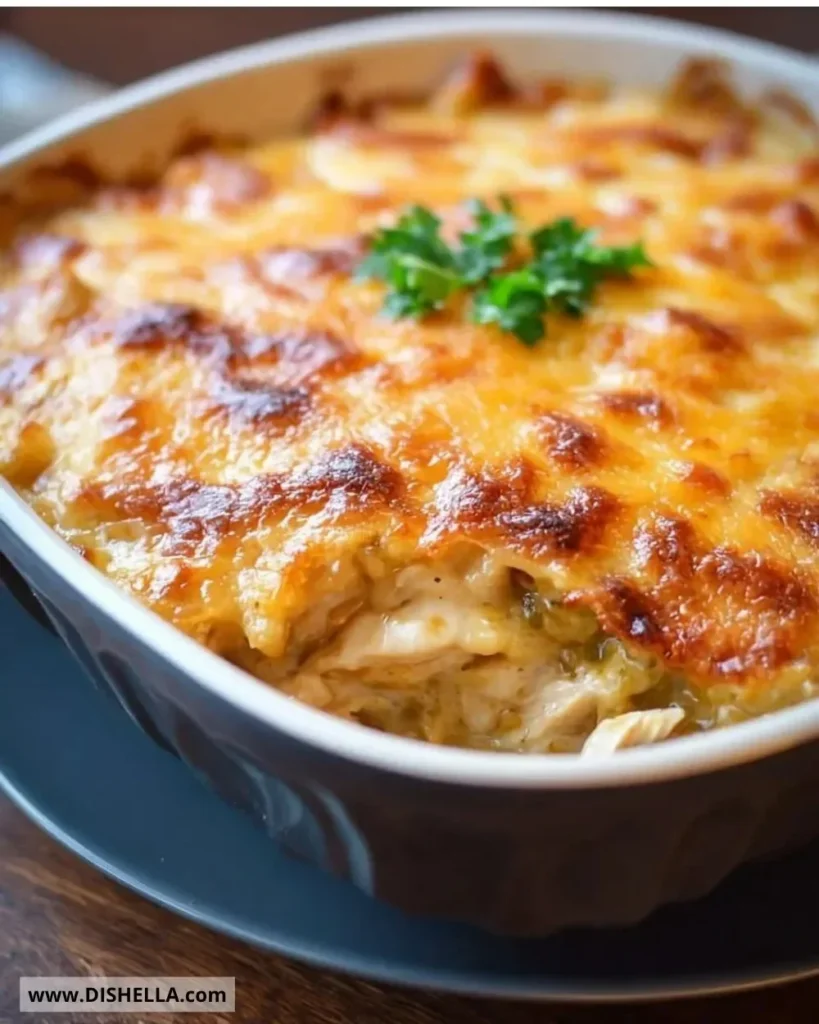 Easy low carb chicken casserole served in a baking dish