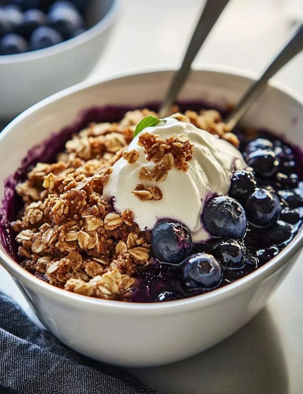 Delicious easy one-bowl blueberry crisp dessert topped with oats and brown sugar