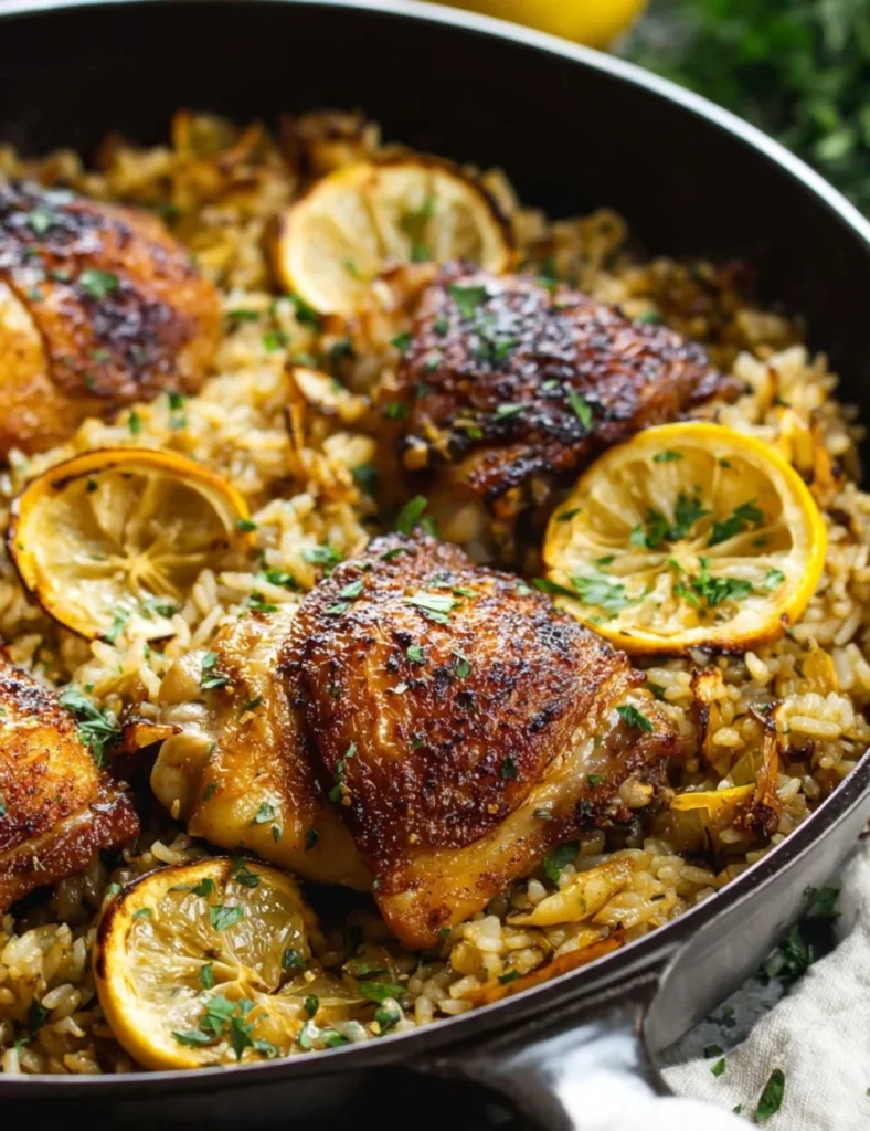 One-pan chicken and rice dinner cooked with vegetables in a skillet.
