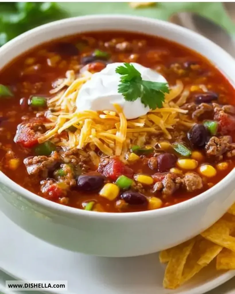 Delicious easy taco soup garnished with cheese and cilantro in a bowl