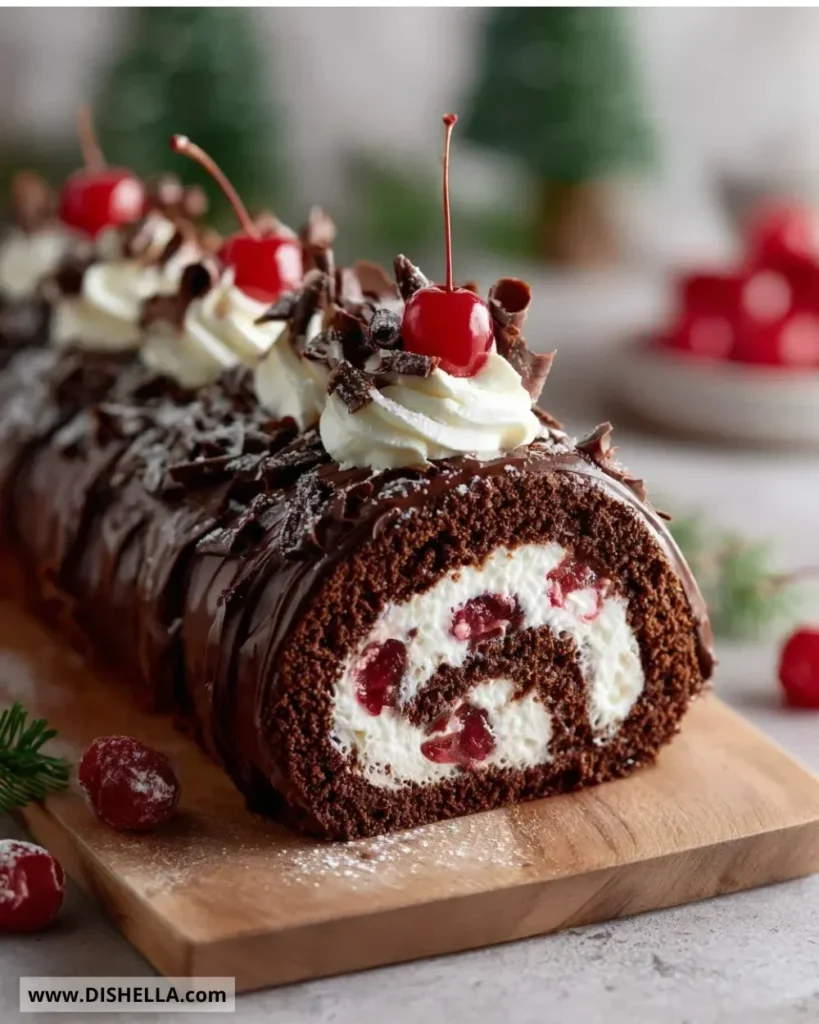 Elegant Black Forest Cake Roll with chocolate and cherries decoration