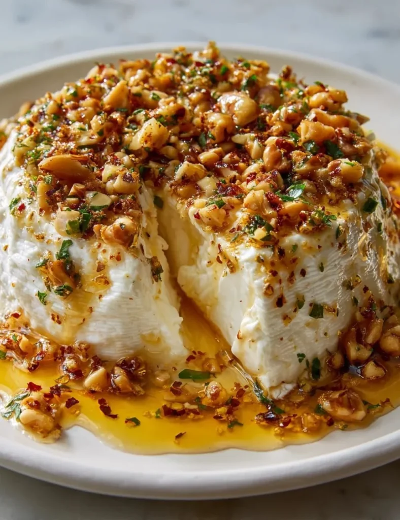 Elegant Boursin cheese appetizer served with fresh herbs and crackers