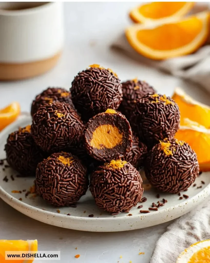 Festive orange chocolate Christmas truffles arranged on a decorative plate.