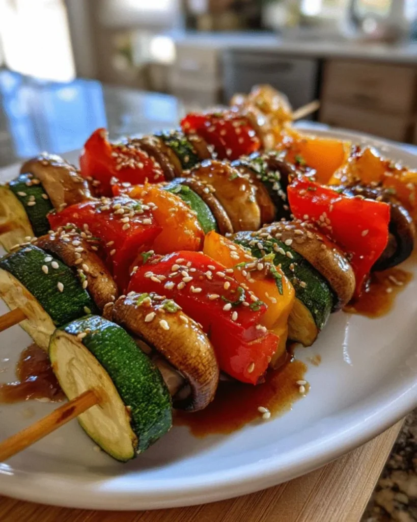 Delicious Ginger Teriyaki Veggie Skewers ready for grilling