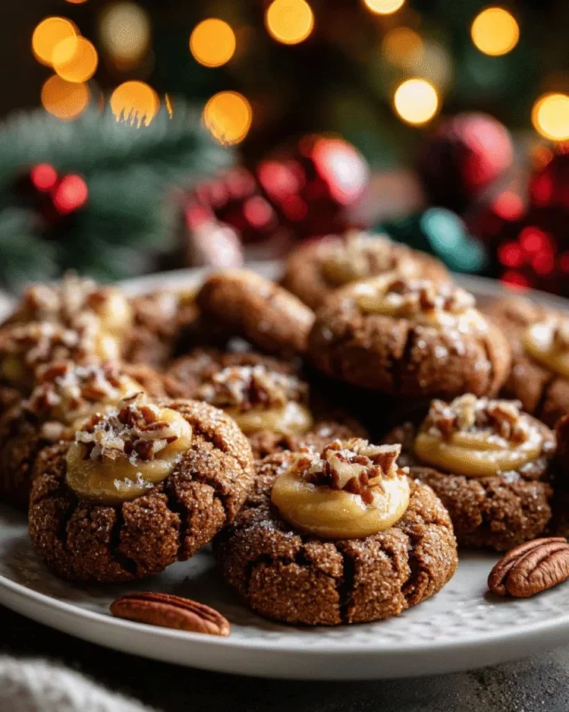 Gingerbread Maple Pecan Thumbprint Cookies on a festive table