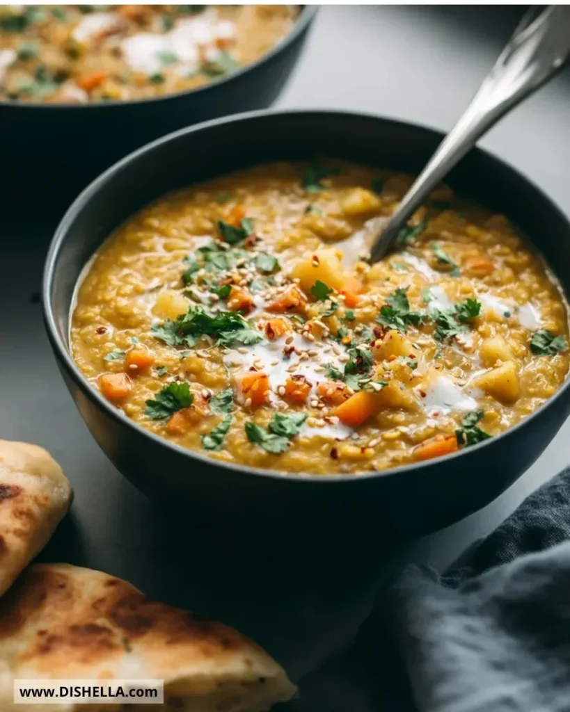 A bowl of warm Golden Lentil Soup garnished with herbs and spices.