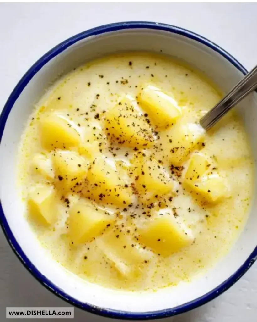 Bowl of Grandma's homemade potato soup garnished with herbs