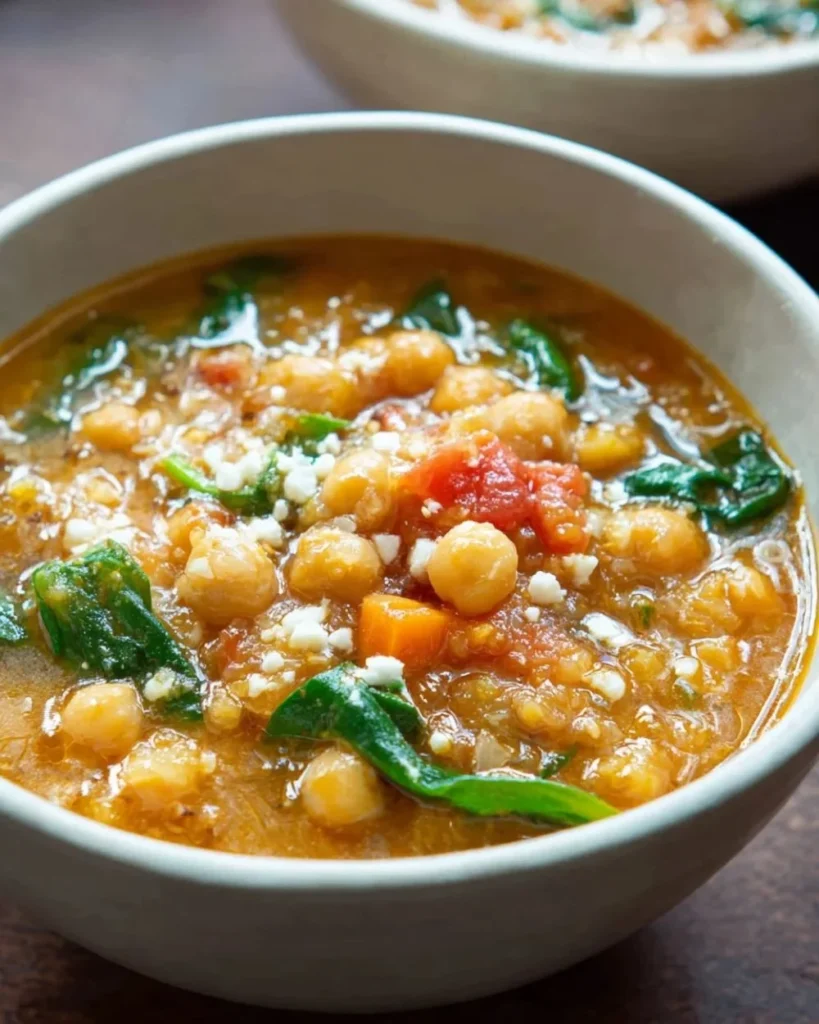 Bowl of Greek chickpea soup garnished with herbs and lemon.
