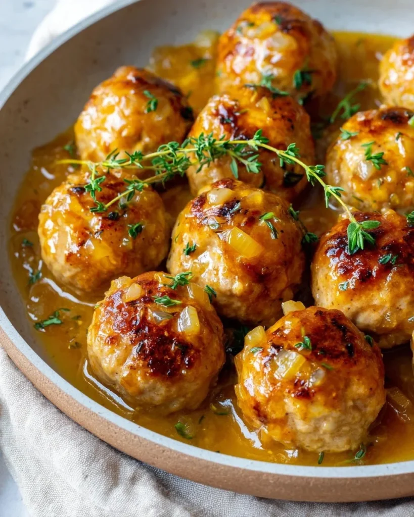 Delicious healthy apple cider turkey meatballs served on a plate.