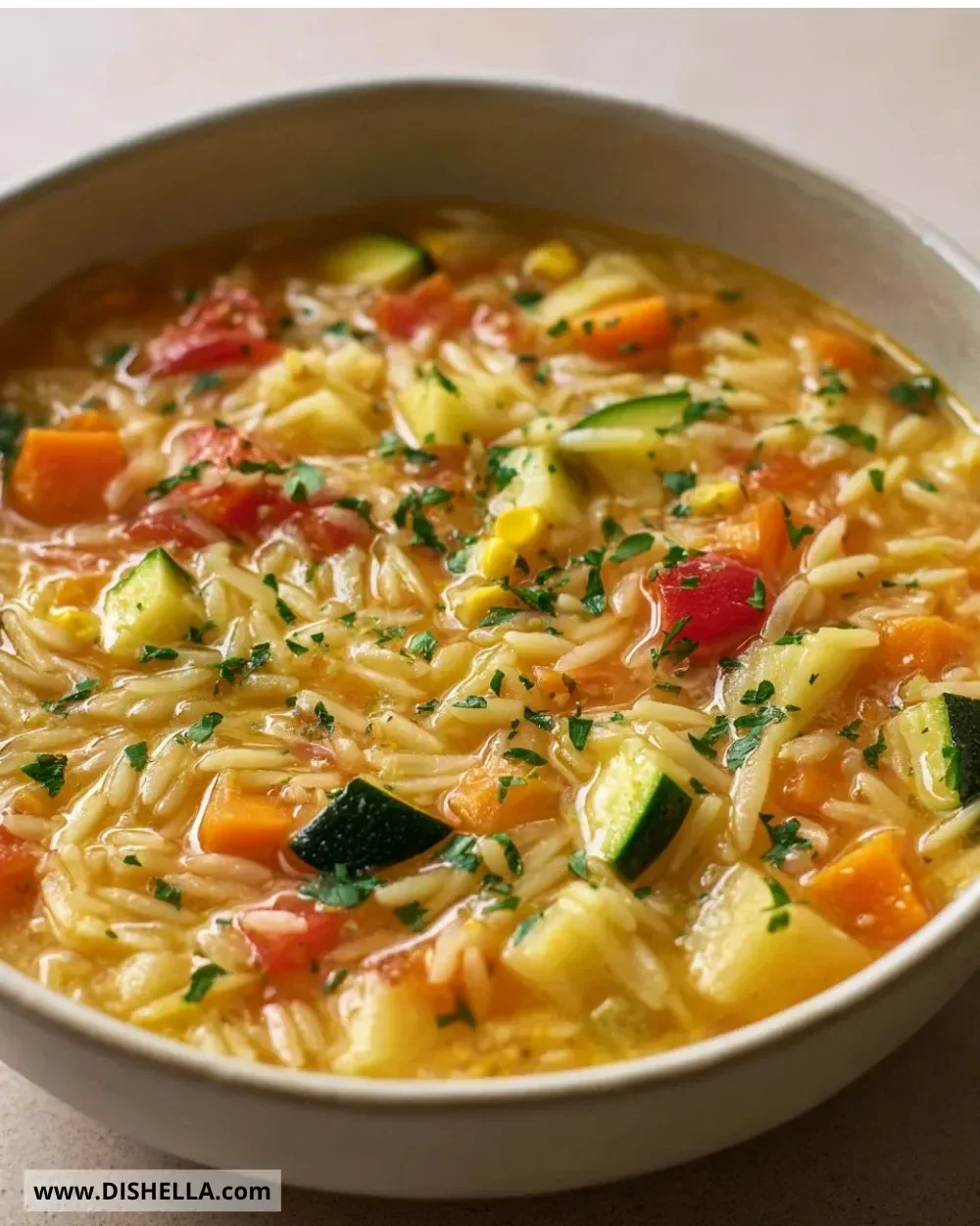 Healthy vegetable orzo soup with fresh vegetables and orzo pasta in a bowl