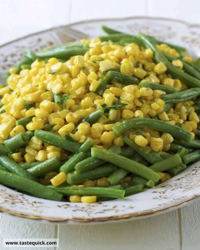 Served dish of herb buttered corn and green beans garnished with herbs