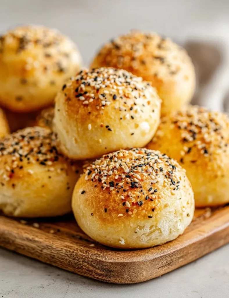 High-protein bagel bites served on a wooden platter with dipping sauce