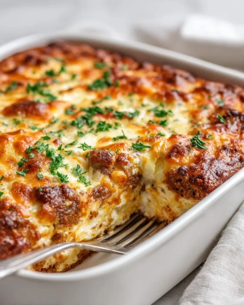 High protein cottage cheese turkey sausage breakfast casserole dish