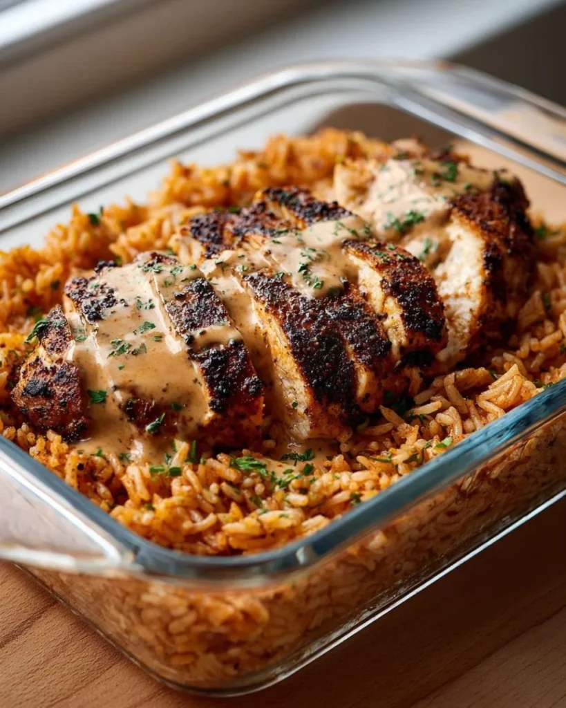 High Protein Creamy Cajun Chicken Rice served in a bowl with fresh herbs