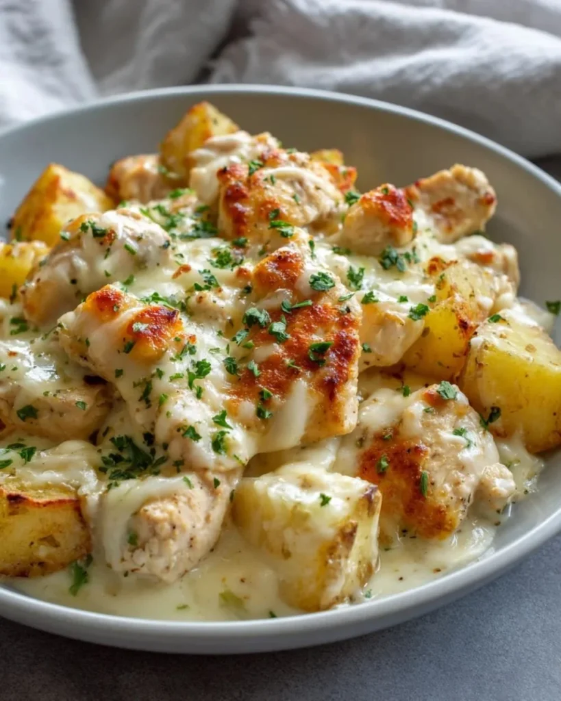 High Protein Creamy Garlic Cheesy Chicken with Potatoes in a serving bowl