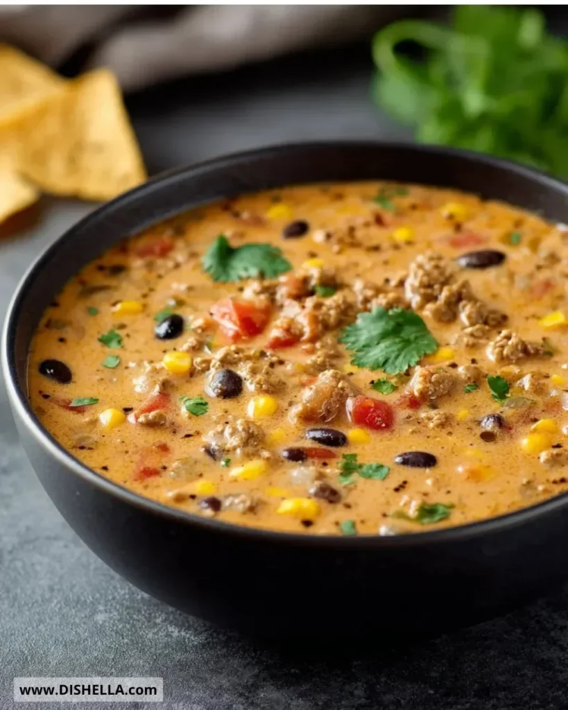 Bowl of high protein creamy taco soup topped with fresh ingredients