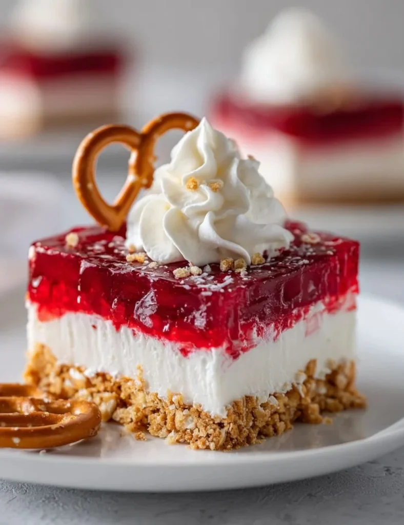Holiday Cranberry Pretzel Salad with creamy layer and crushed pretzel topping