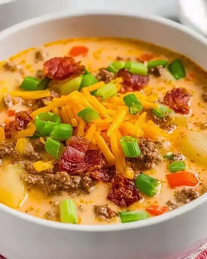 A bowl of homemade cheeseburger soup garnished with cheese and herbs