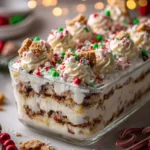 Layered homemade Christmas cookie lasagna with colorful frosting and sprinkles