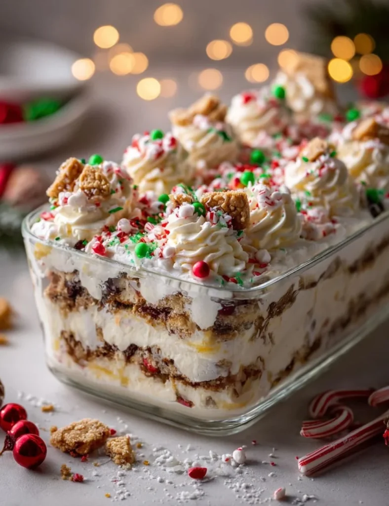 Layered homemade Christmas cookie lasagna with colorful frosting and sprinkles