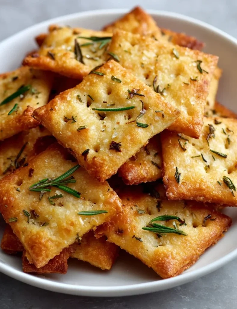 Homemade Parmesan Rosemary Crackers on a wooden board.