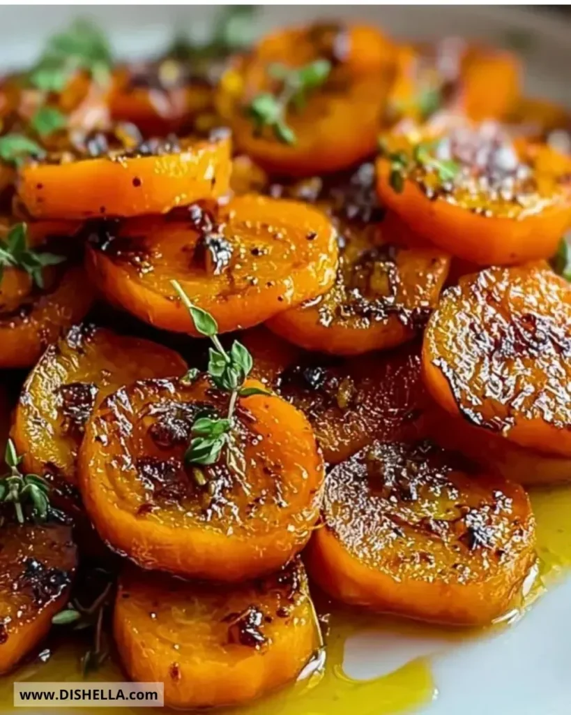 Delicious honey garlic roasted carrots on a white plate.