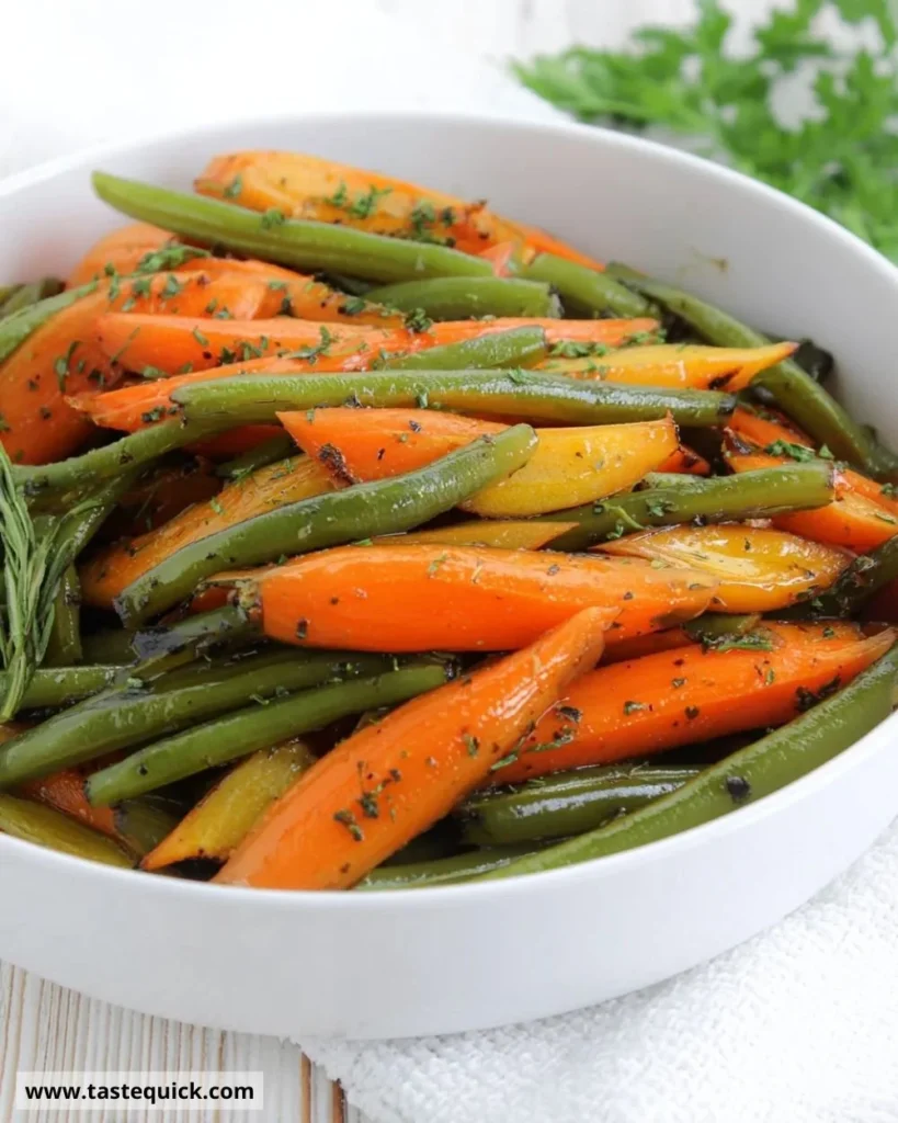 Honey glazed carrots served with green beans in a vibrant dish.