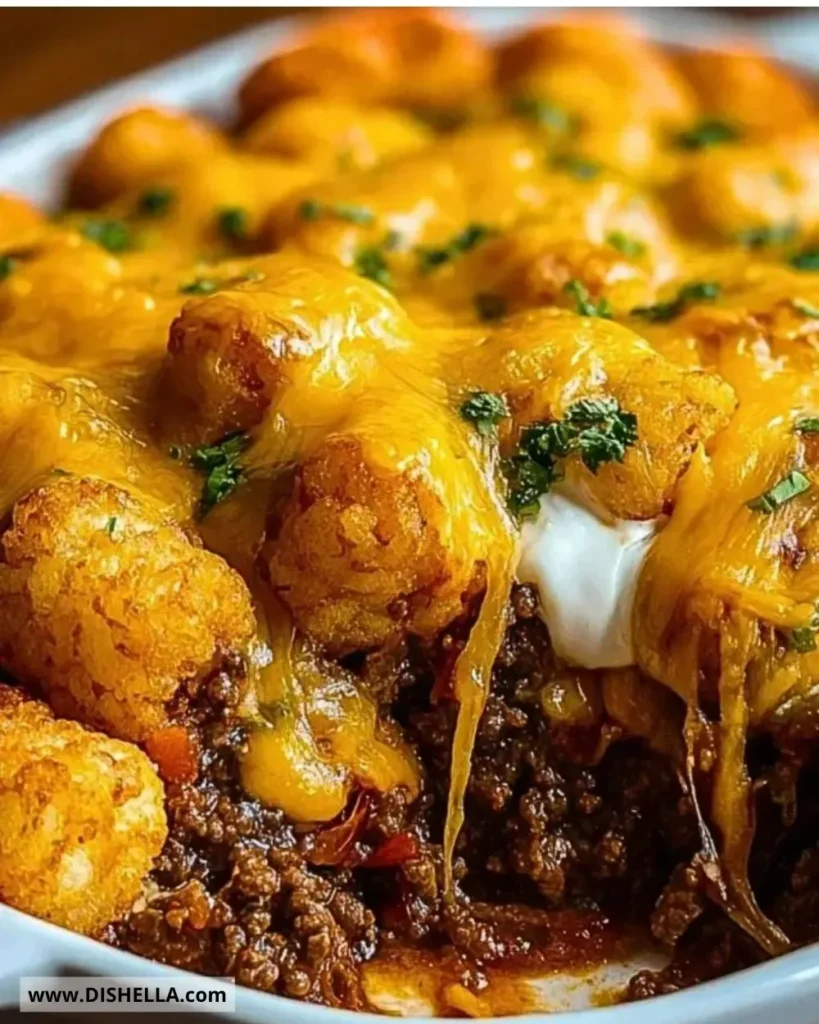 Cheeseburger tater tot casserole topped with melted cheese and crispy tater tots