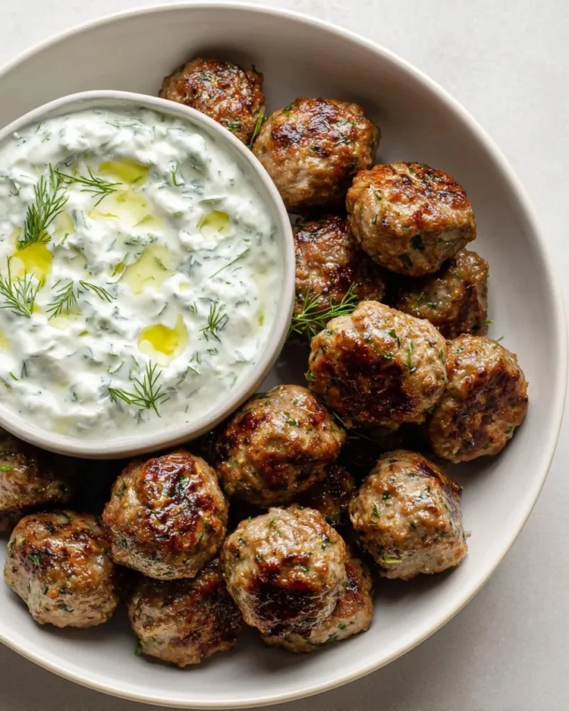Delicious Keto Greek Meatballs served on a plate with fresh herbs.