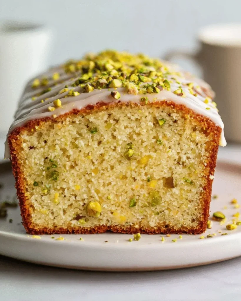 Slice of Lemon Pistachio Loaf on a plate with a lemon slice