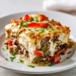 Low carb Philly cheesesteak casserole topped with melted cheese and peppers