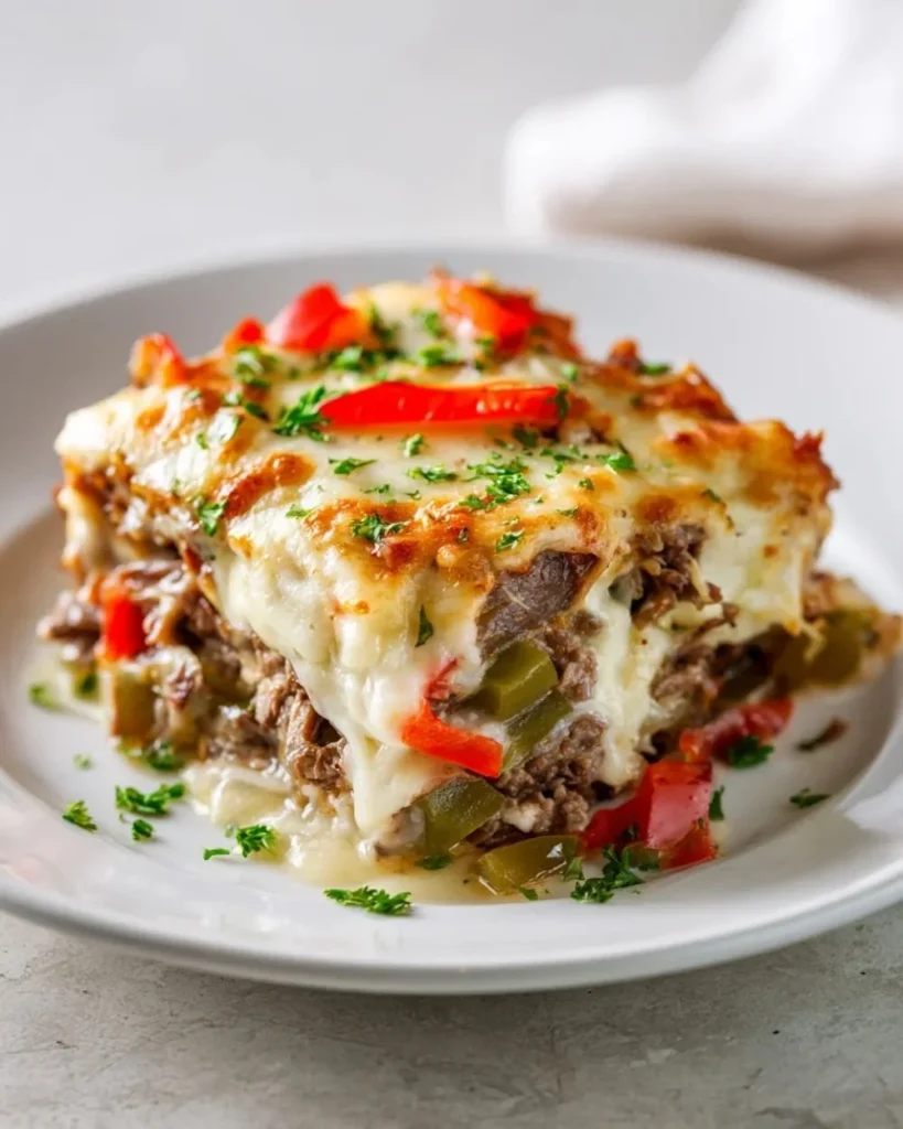 Low carb Philly cheesesteak casserole topped with melted cheese and peppers