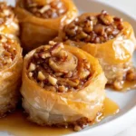 Delicious Maple Pecan Baklava Rolls served on a plate with a drizzle of maple syrup.