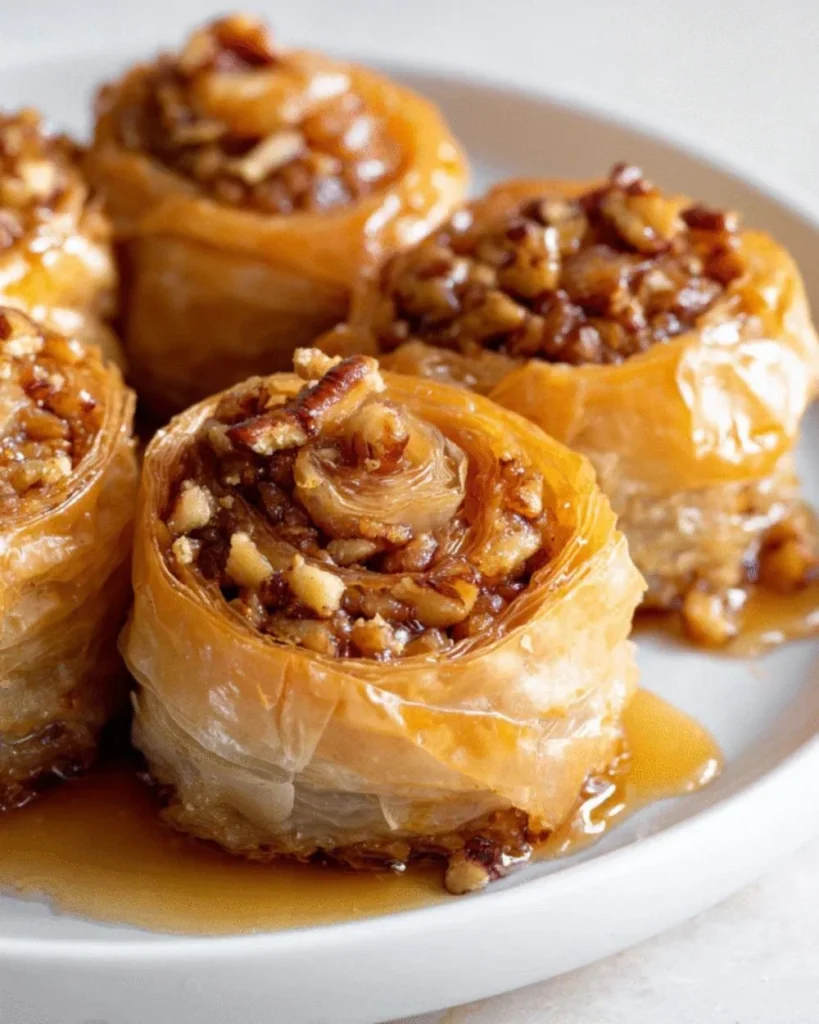 Delicious Maple Pecan Baklava Rolls served on a plate with a drizzle of maple syrup.