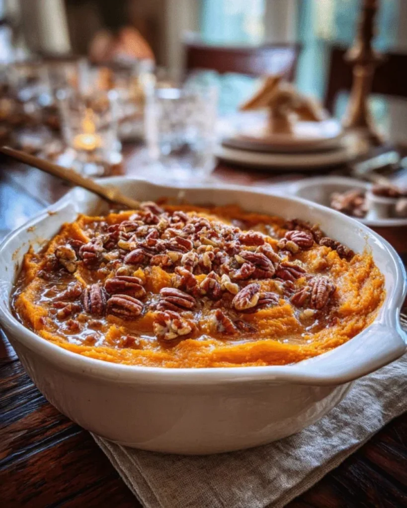 Maple Pecan Sweet Potato Casserole Bake with crushed pecans and sweet potato topping