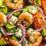 Mediterranean shrimp and avocado salad served in a bowl