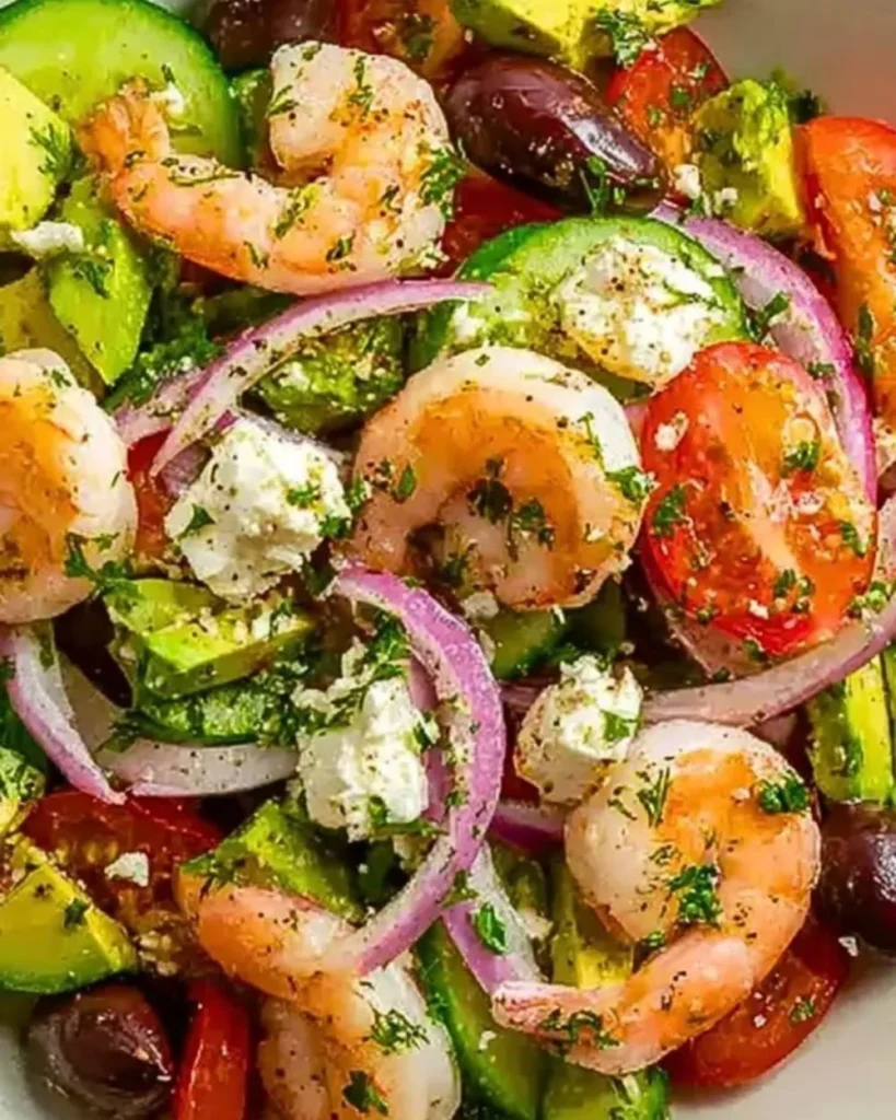Mediterranean shrimp and avocado salad served in a bowl