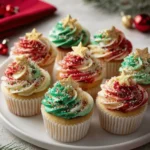 Merry & Bright Rainbow Christmas Cupcakes with vibrant colors and festive decorations.