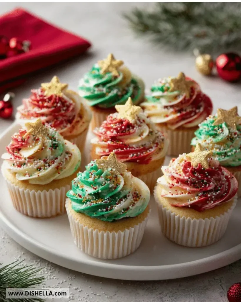 Merry & Bright Rainbow Christmas Cupcakes with vibrant colors and festive decorations.