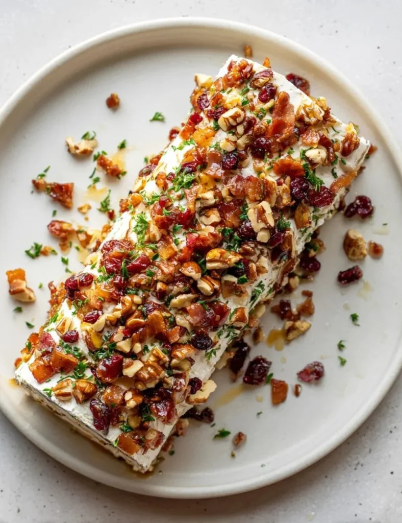 Million Dollar Bacon Goat Cheese Log topped with crispy bacon and herbs