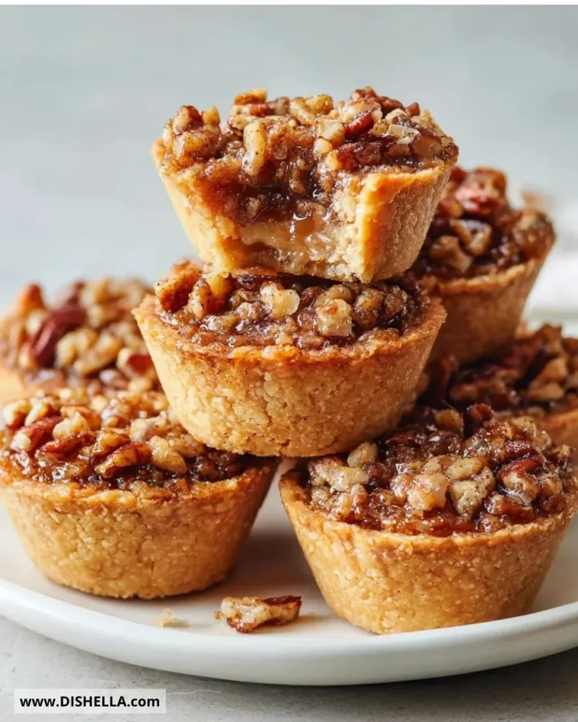 Homemade mini pecan pies served on a dessert platter.