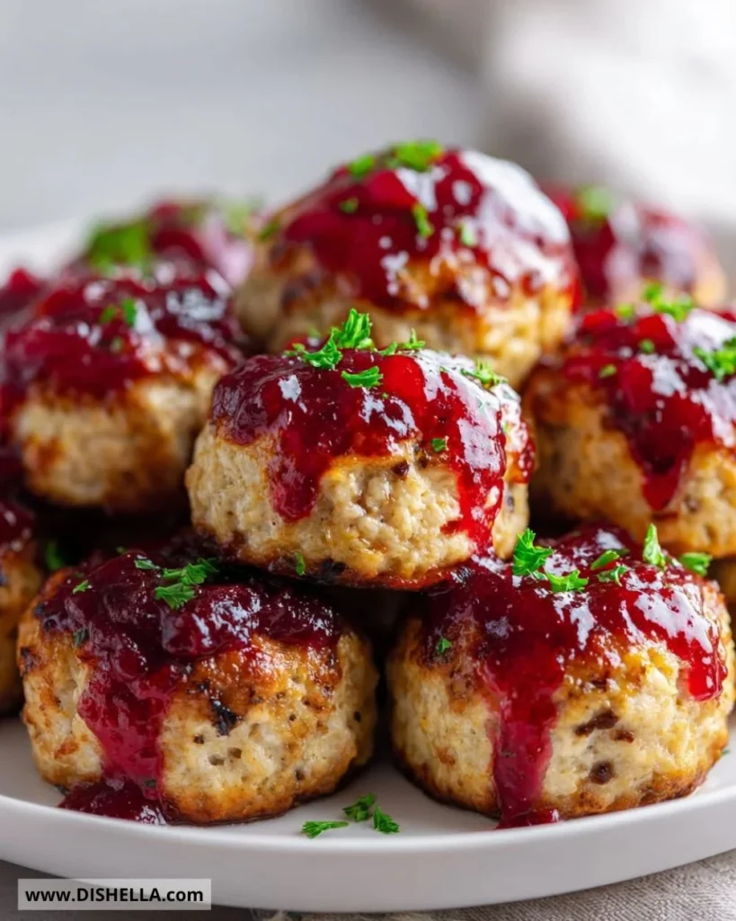 Mini turkey meatloaves served on a plate with vegetables and sauce