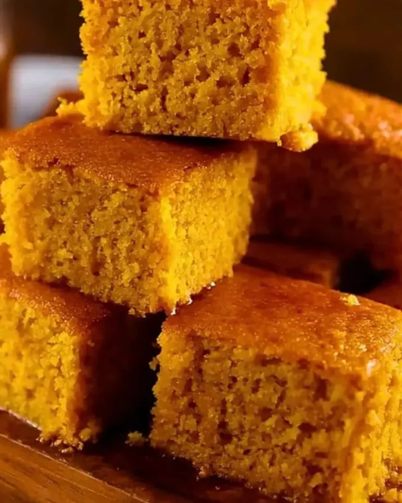 Moist and fluffy sweet potato cornbread served on a wooden plate.