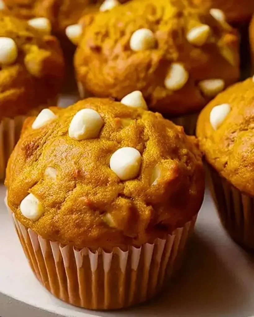 Moist pumpkin white chocolate chip muffins fresh out of the oven