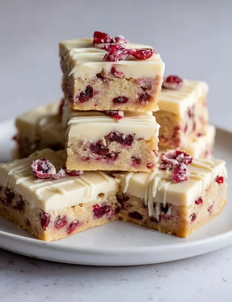 Delicious and festive Cranberry Bliss Bars topped with cream cheese icing.